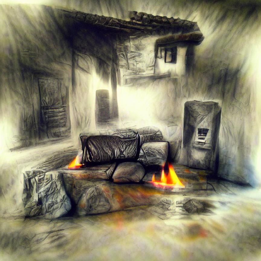 Lonely Fireplace: Charcoal Drawing with Volumetric Lighting