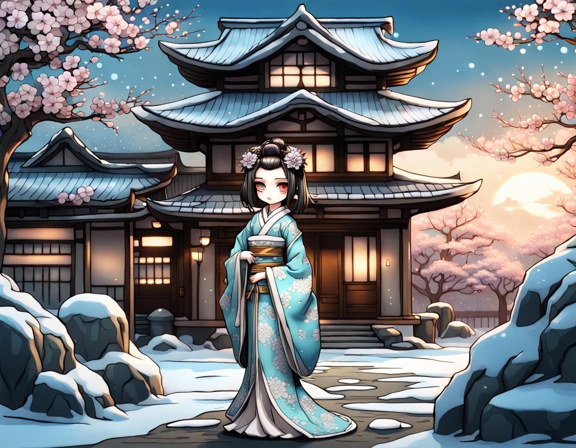 Wintery Chibi Geisha in Bronze and Silver Etched Portrait