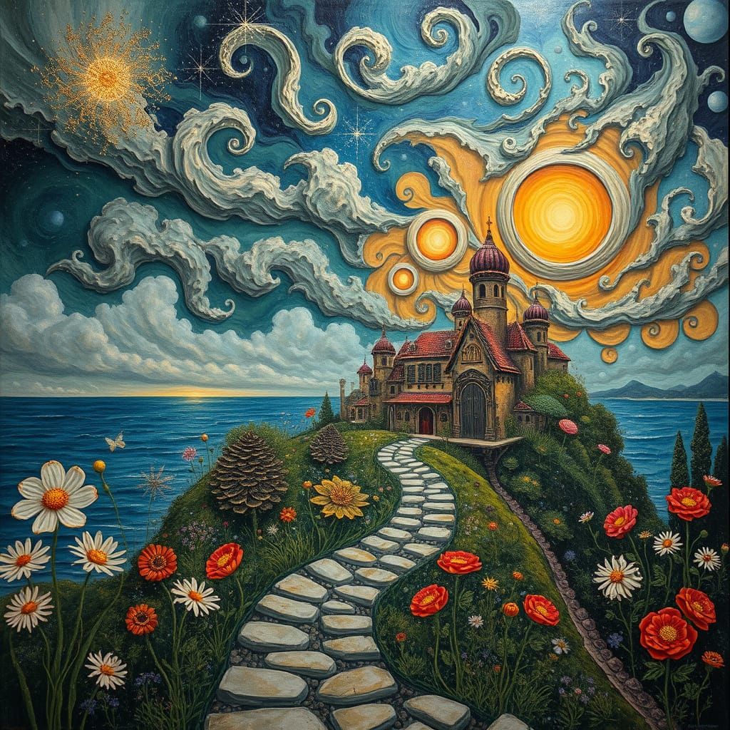 Surreal mixed media masterpiece, intricately textured dreams...