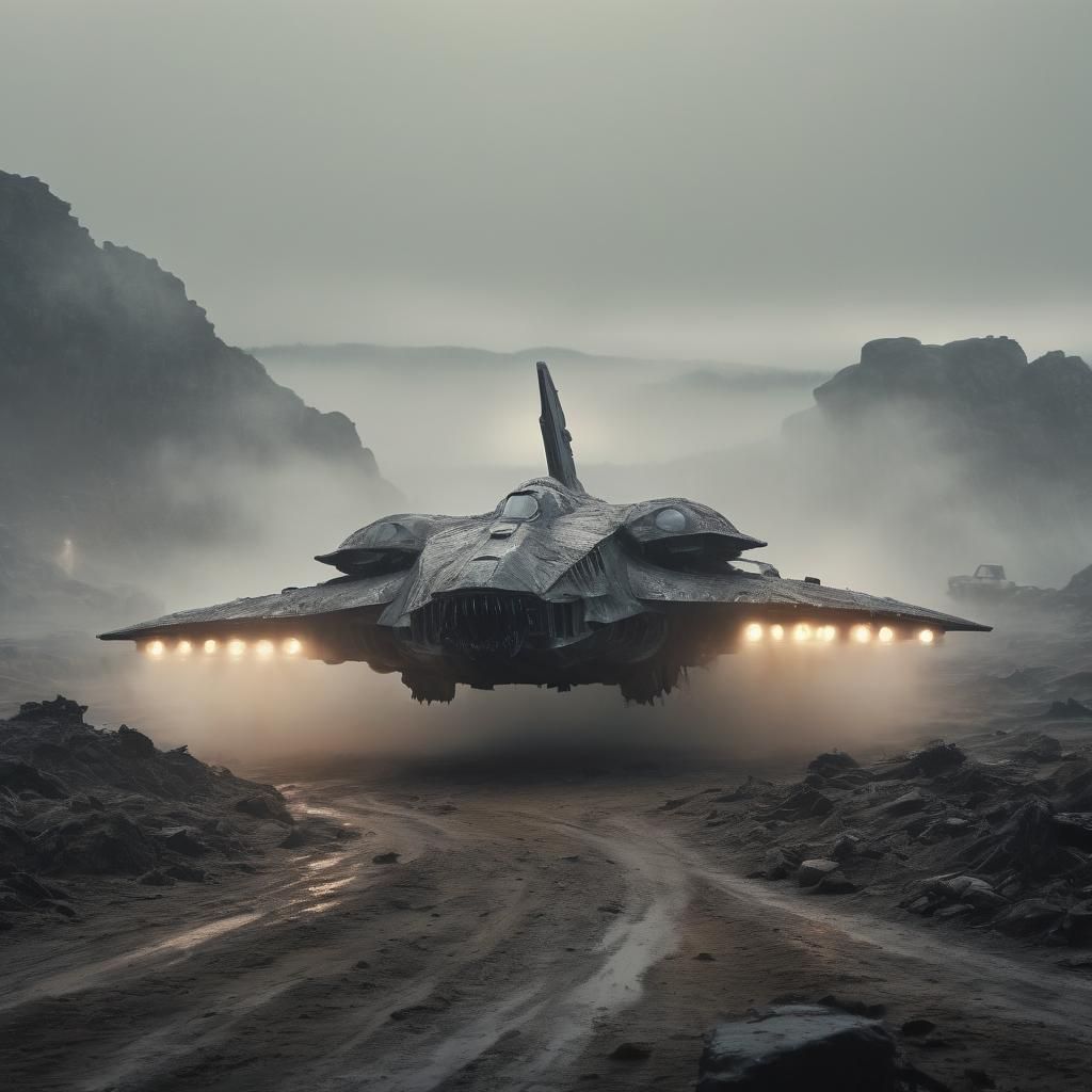 Starship Zooms Across Misty Landscape: Dark Fantasy Art