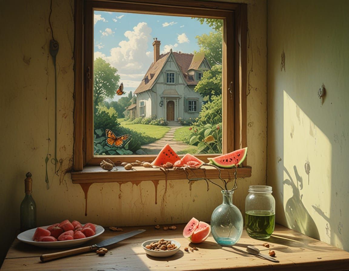 Mysterious Shadowy Figure at Window, Surreal Gouache Scene