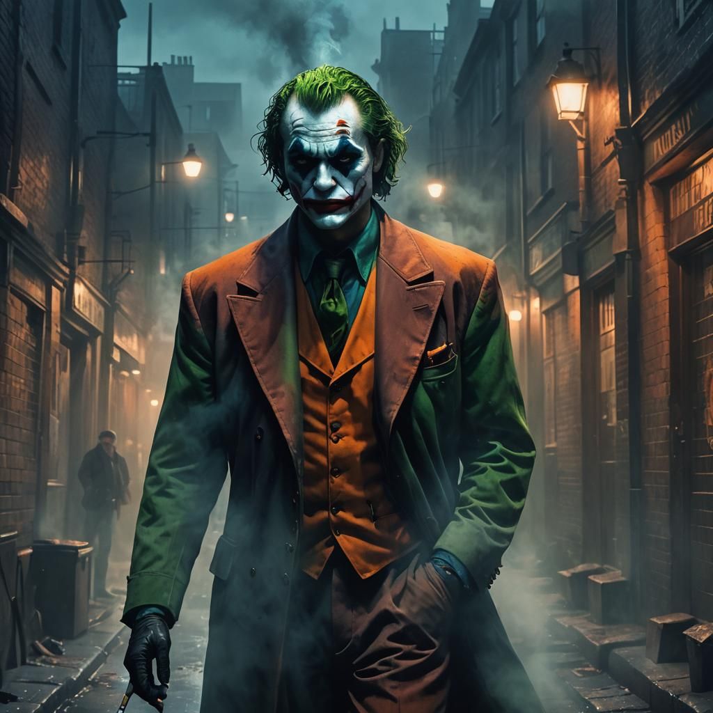 Joker Smoking in Foggy London Alley, Dark Fantasy Art