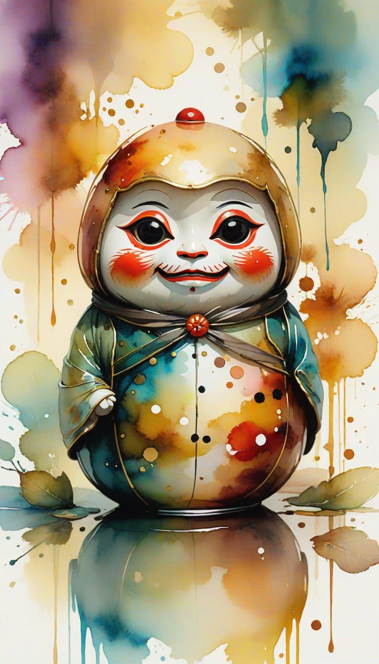Whimsical Watercolor Daruma Doll in Soft, Golden Light