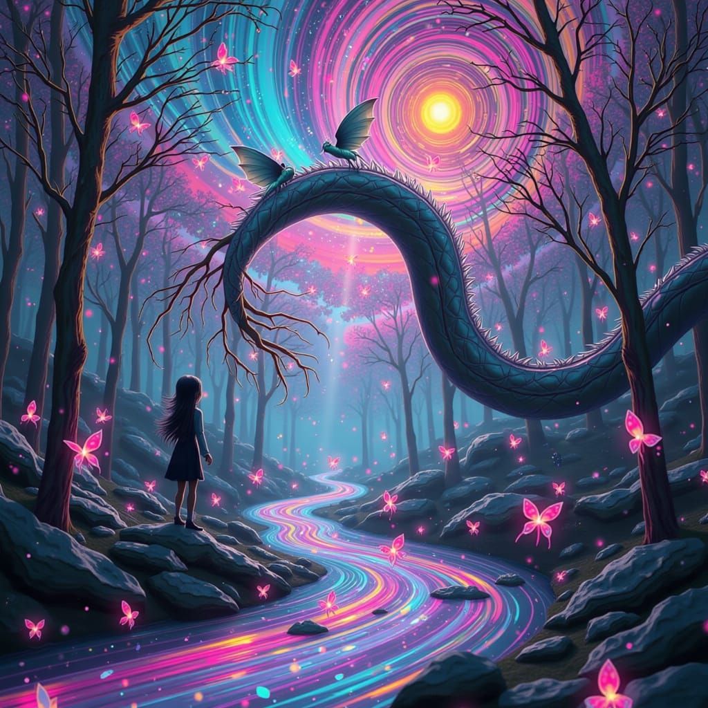 Mystical Dragon in Dreamlike Double Exposure Landscape