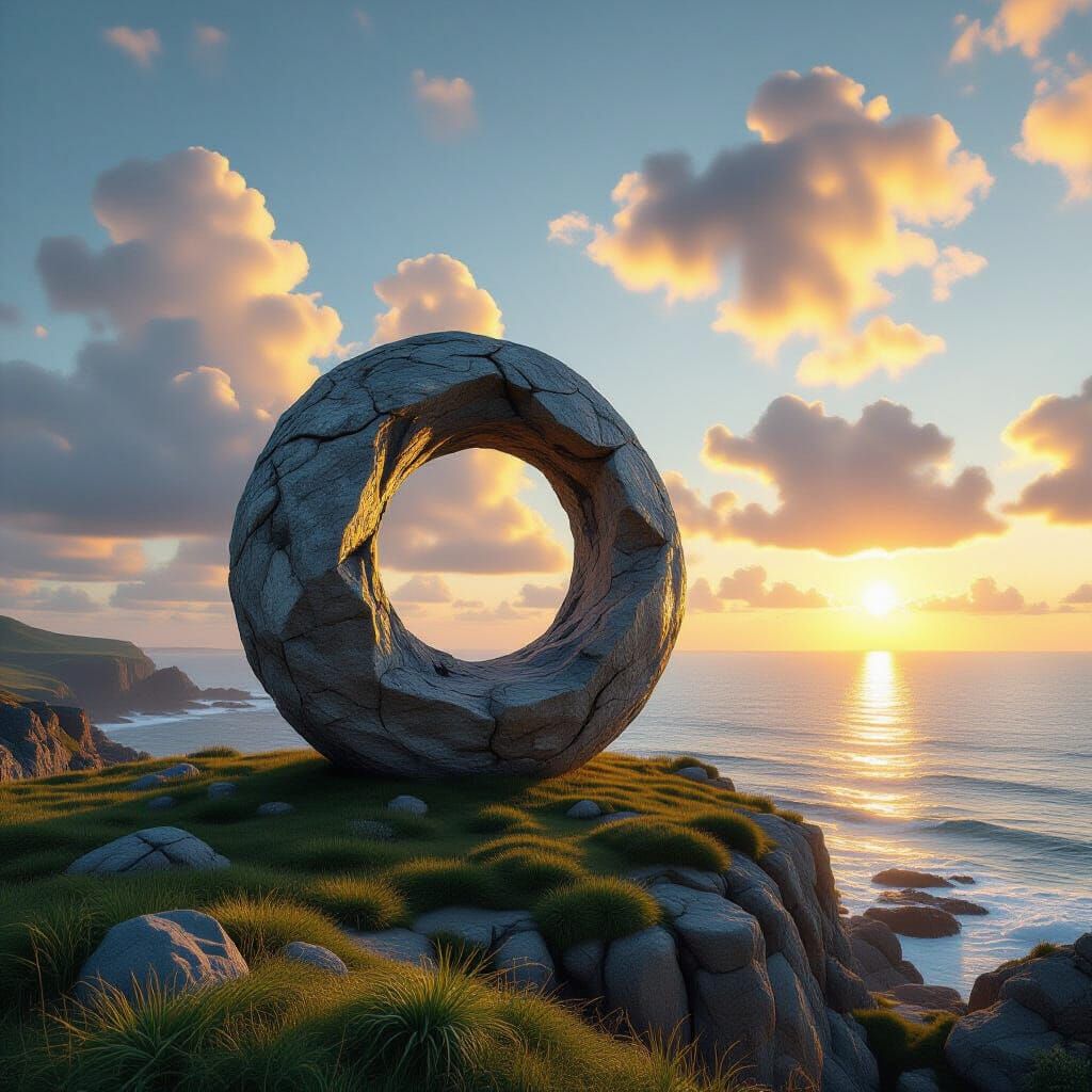 Tempestuous Rock Sculpture on Grassy Cliff