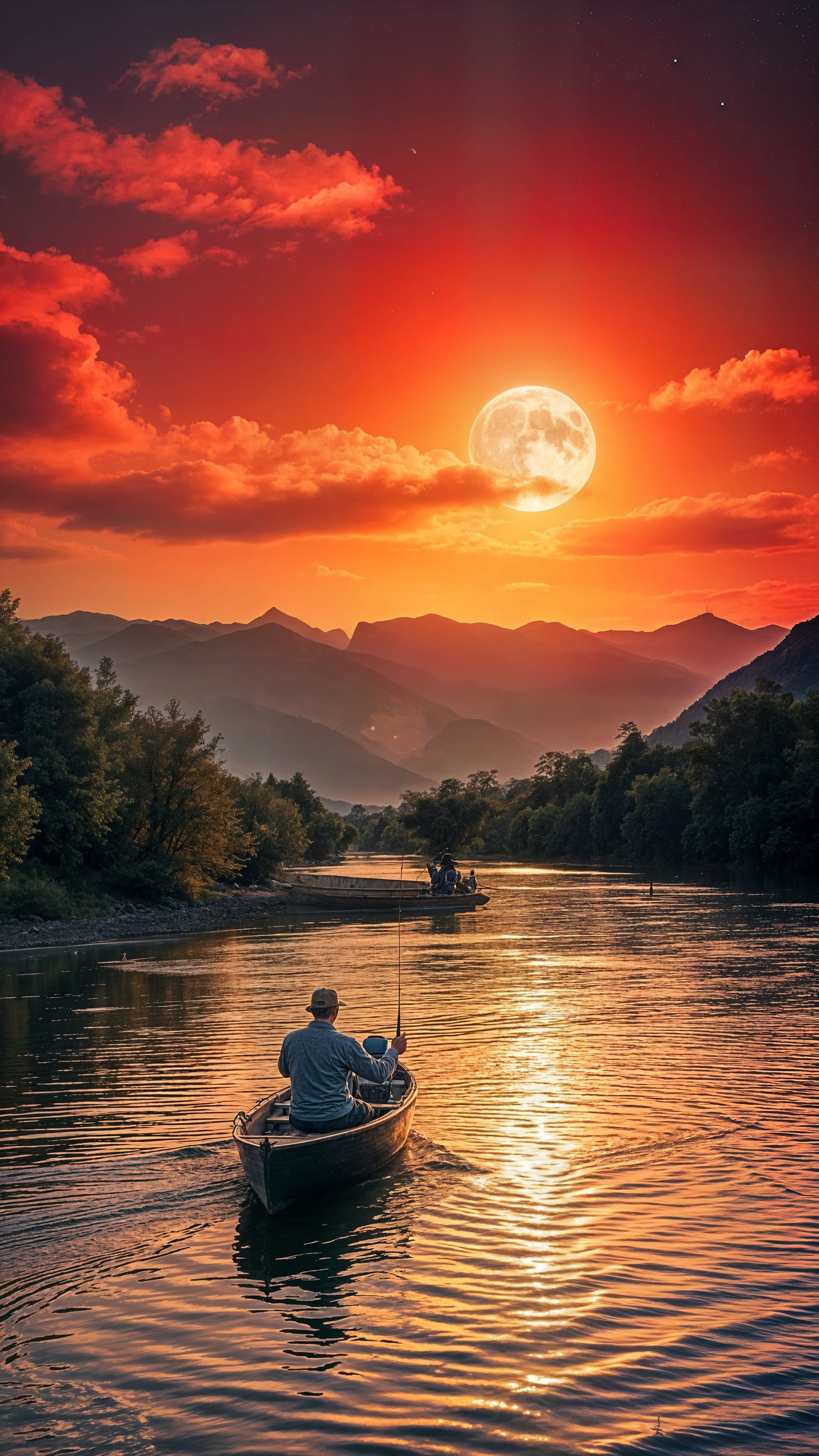 Man Fishing Under Golden Moonlight Amidst Shady Trees and Ma...