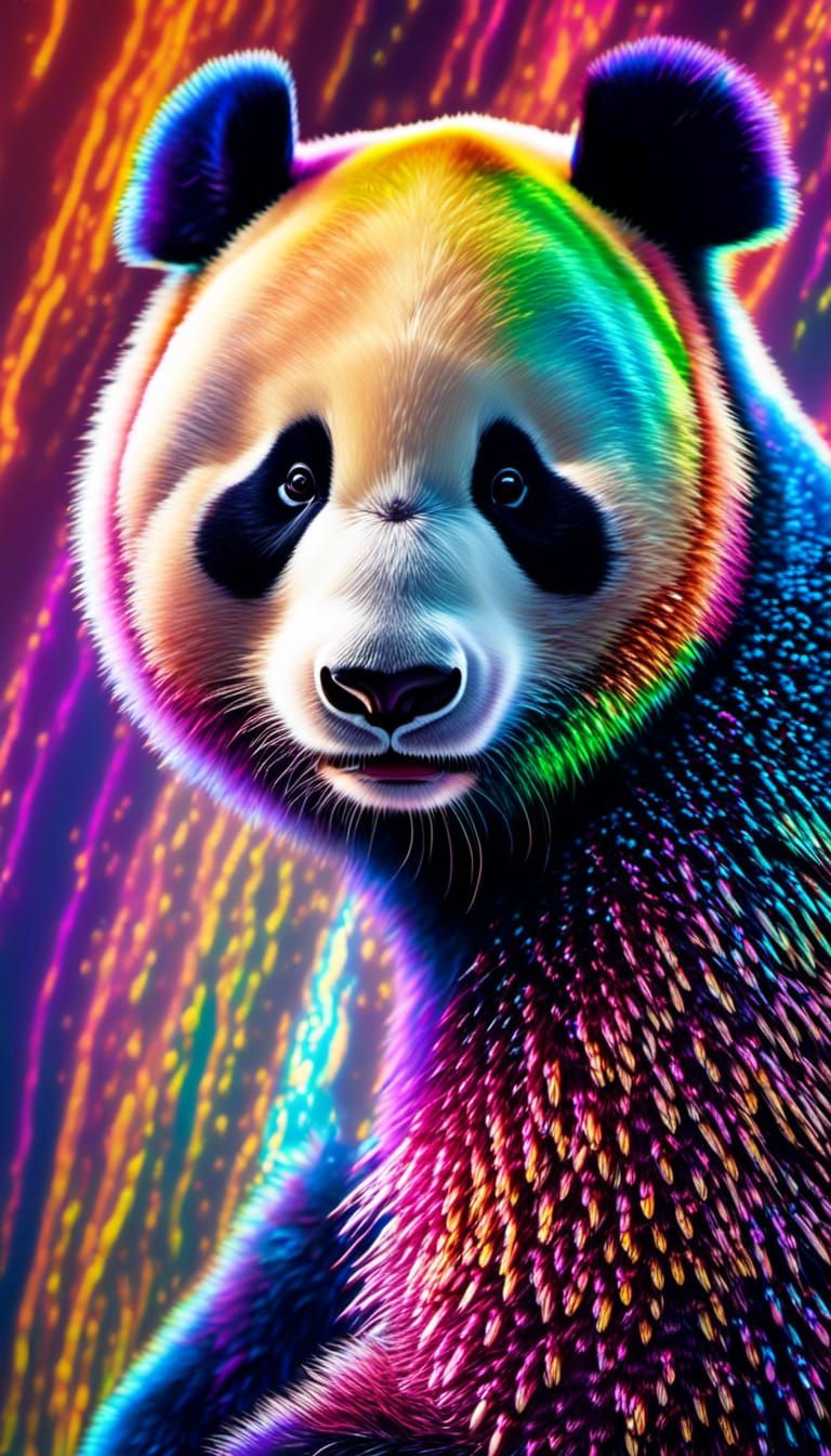 Iridescent Rainbow Panda Portrait in Hypermaximalist Style