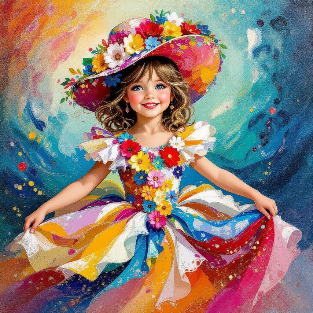 Cheerful Child in Swirling Flowery Gown as Dry Oil Painting