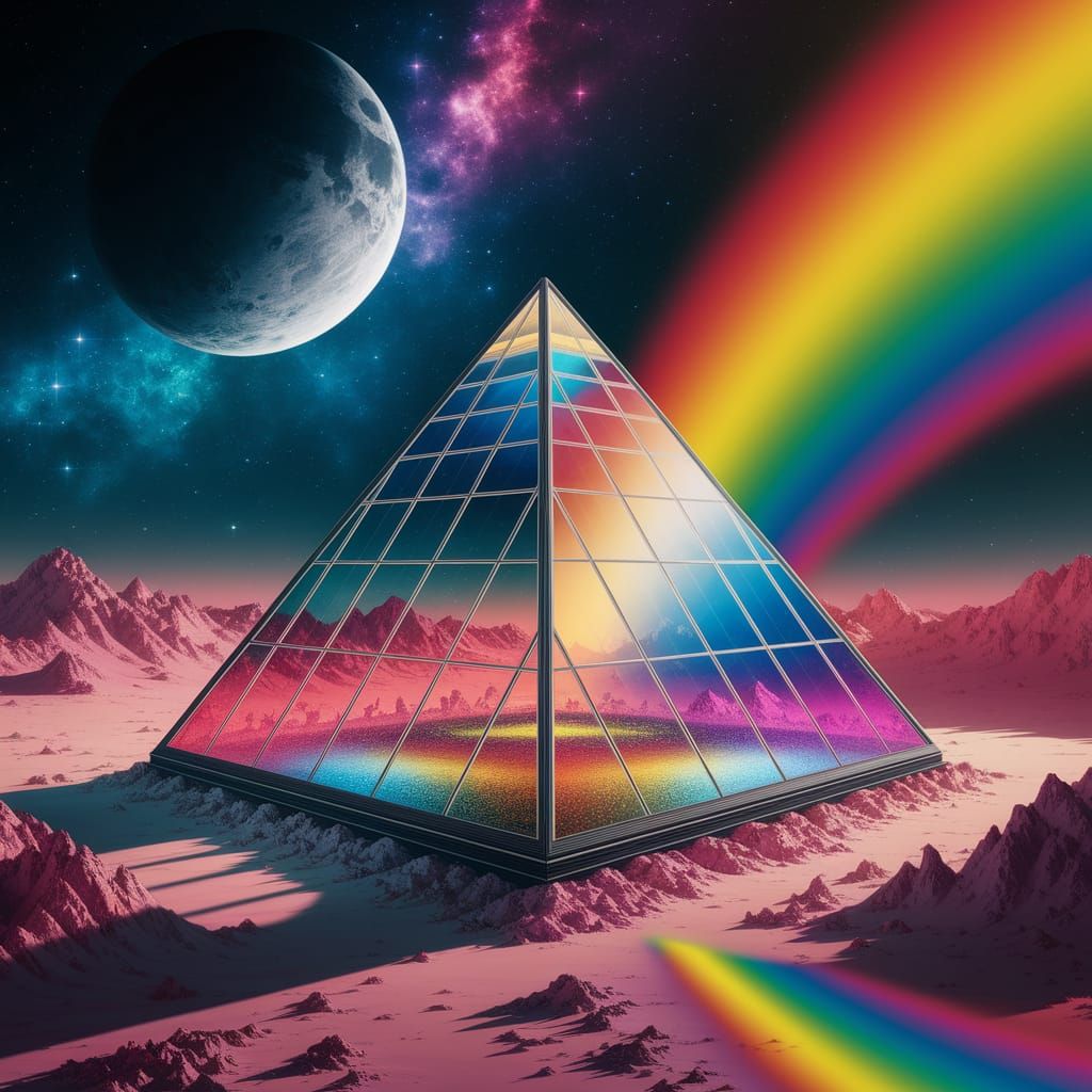 Glass Pyramid Refracts Rainbow Light in Alien Landscape