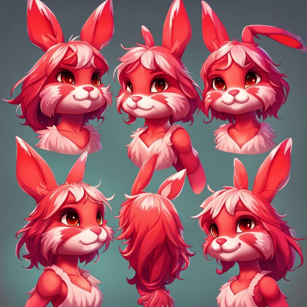 Kawaii Red Rabbit Anthro Girl in Hyperrealistic Style