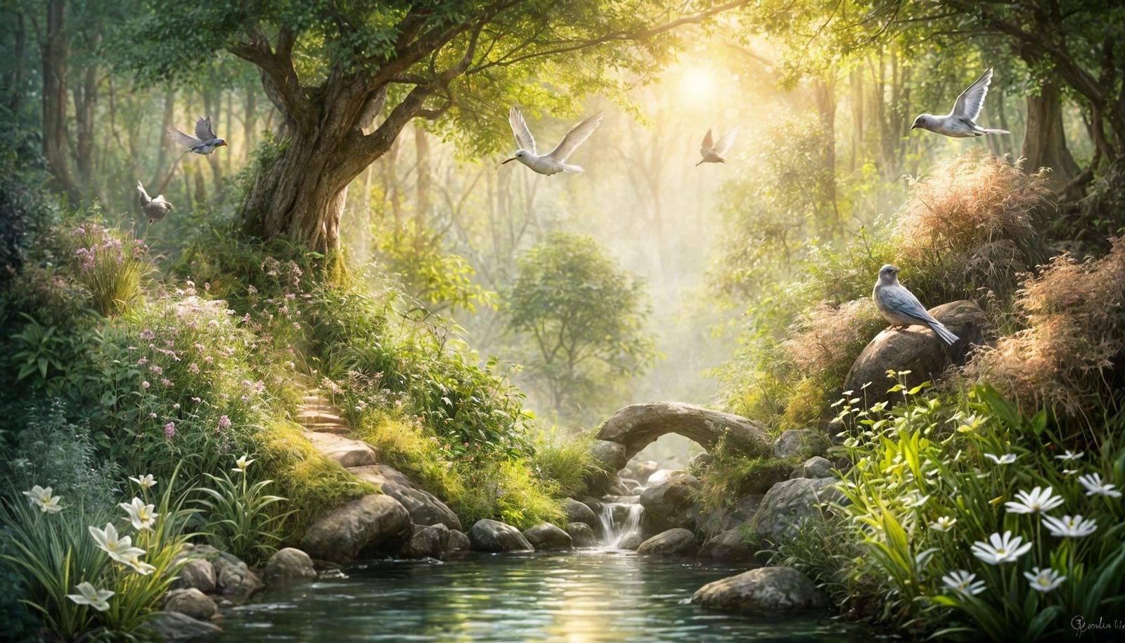 Create an image of a green, shaded garden between a mountain...