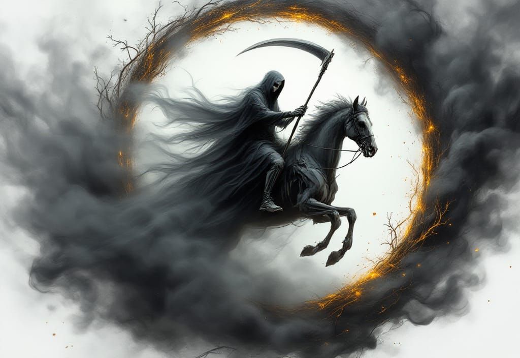 Ethereal Grim Reaper on Skeletal Horse in Smoke