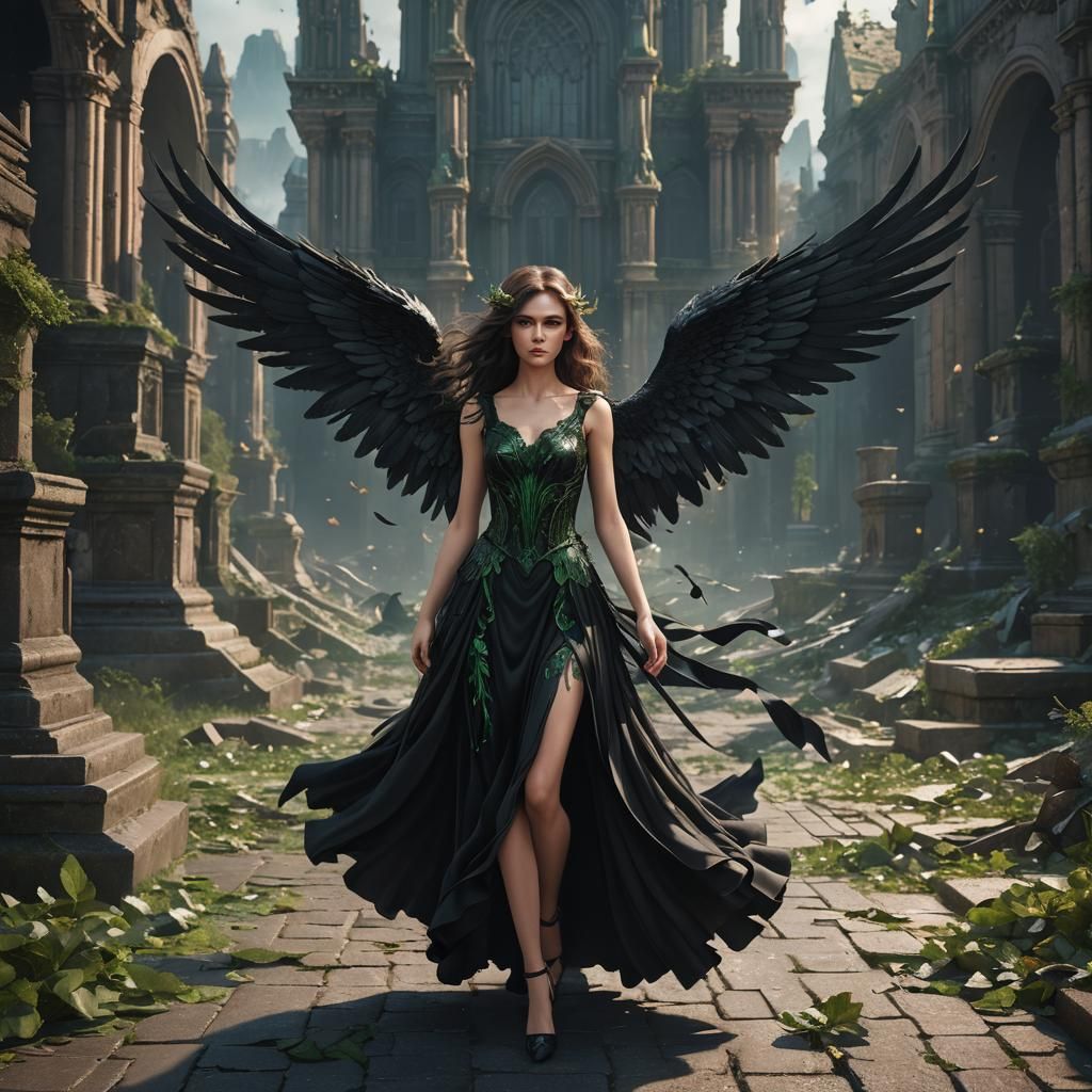 Fallen Angel with Black Wings in Detailed Matte Painting