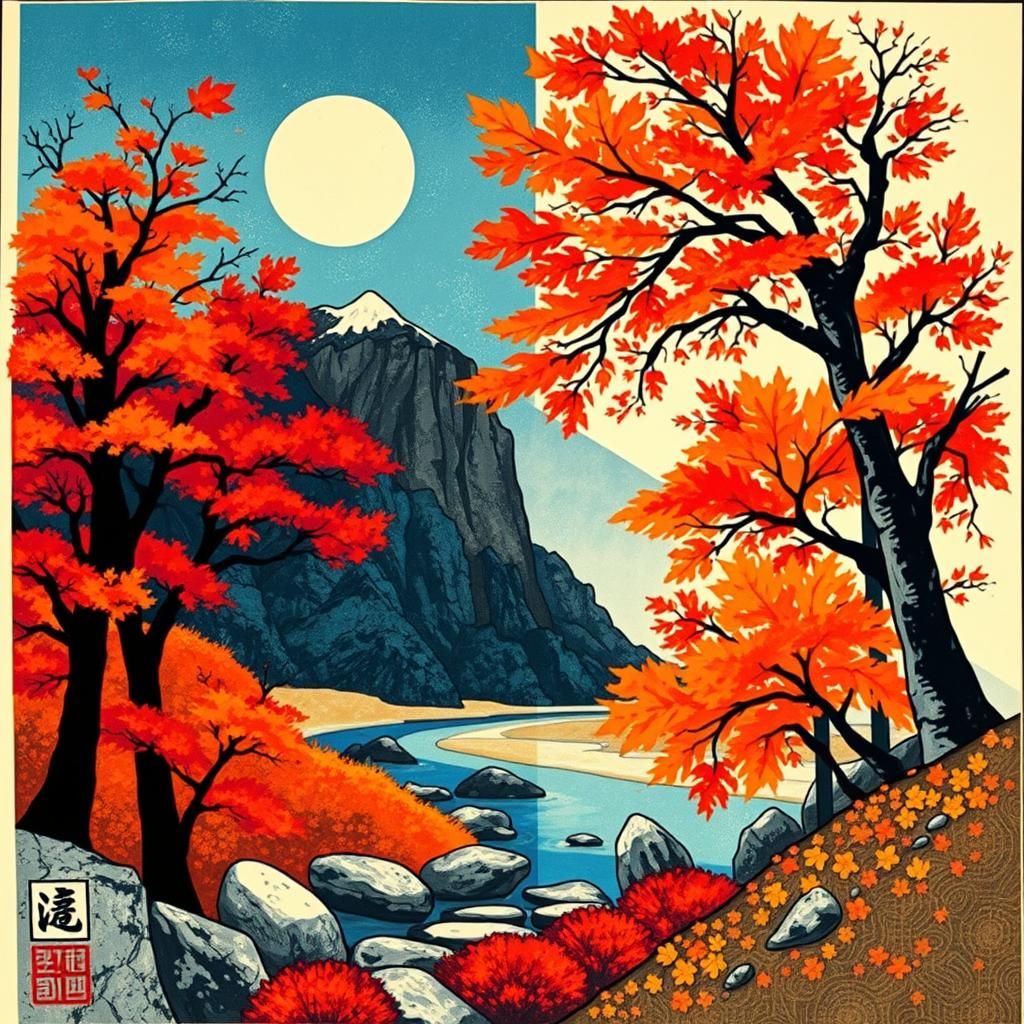 Vibrant Autumn Scene in Ukyio-e Geometric Style