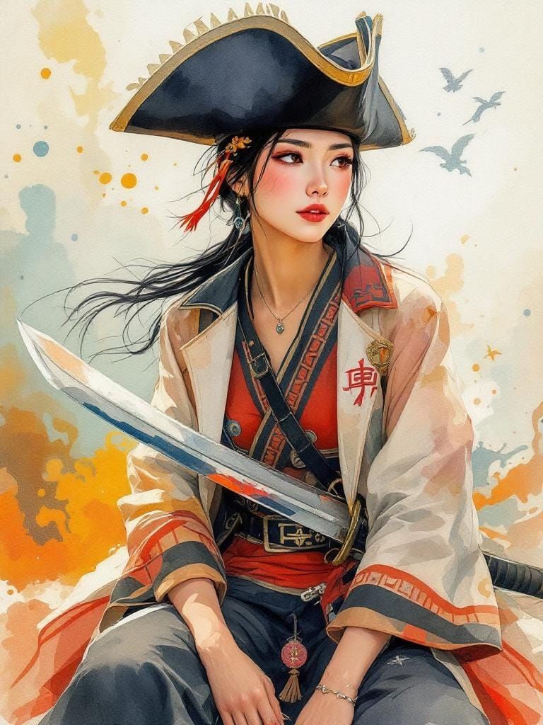 Pirate Woman Portrait in Folk Art Watercolor Style