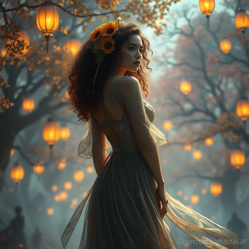 A captivating figure in a shimmering, patterned dress stands...