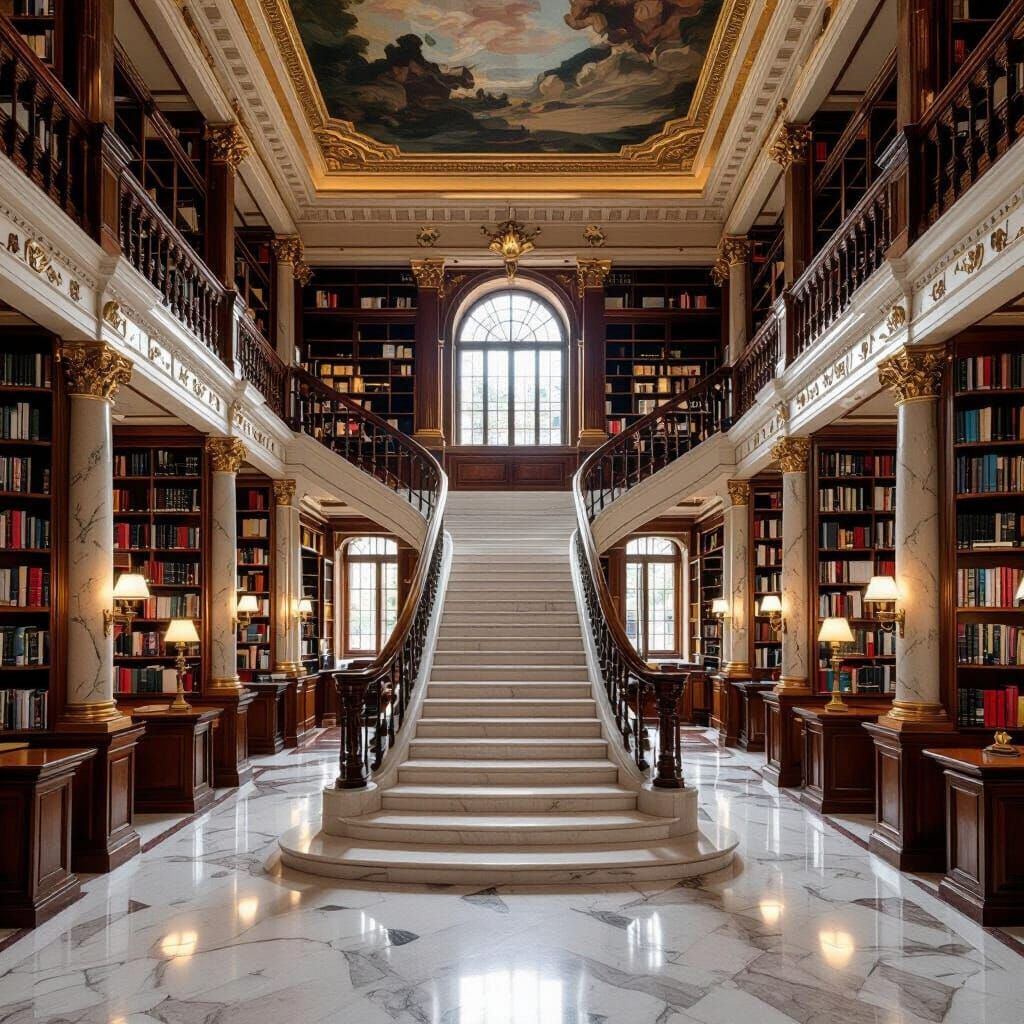 Epic Library with Marble Staircase, Digital Matte Painting