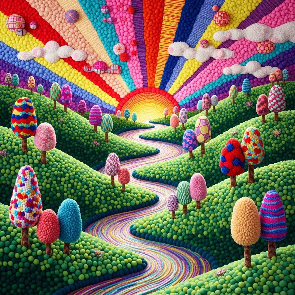 Whimsical Pom-Pom Landscape in Textile Art Style