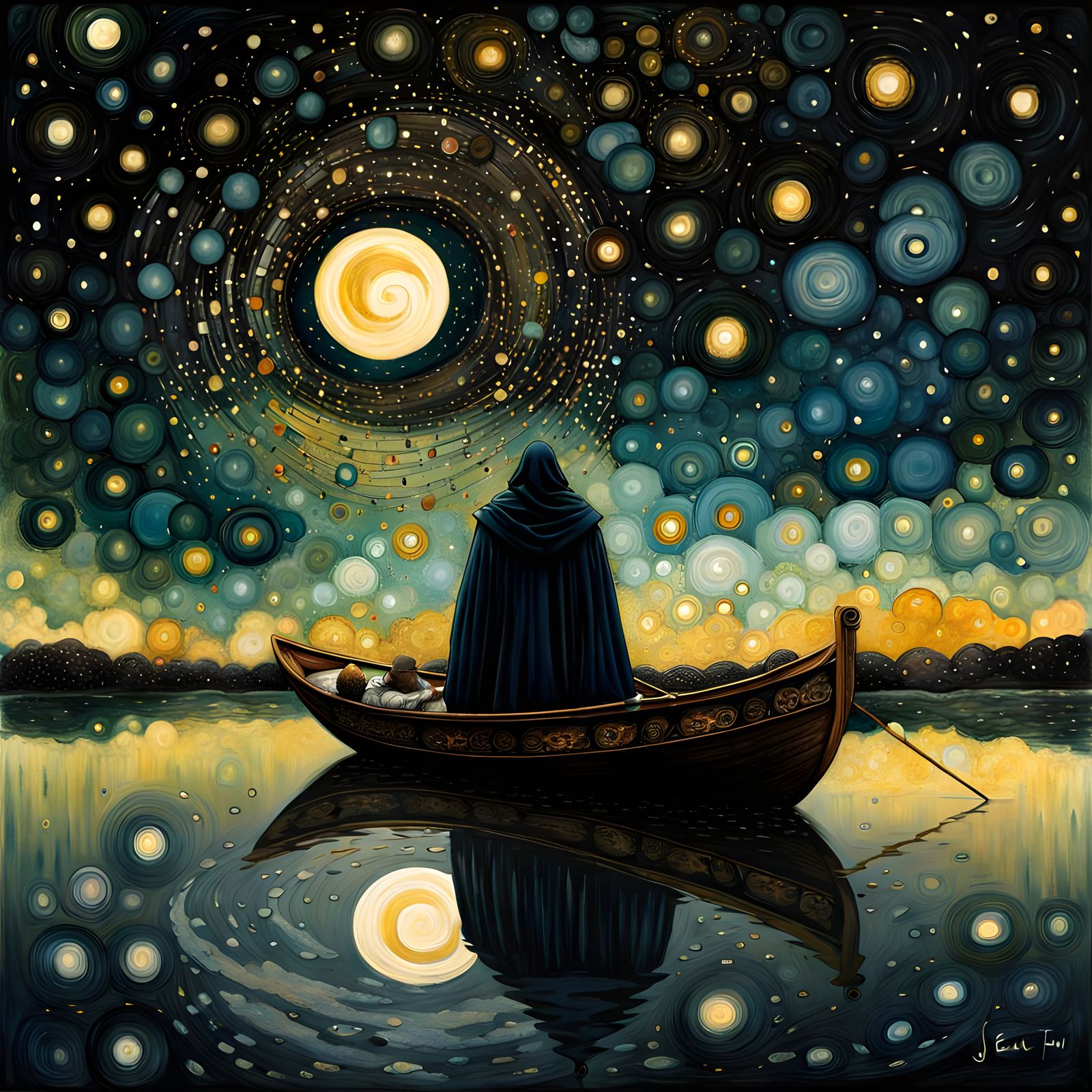 Cloaked Man Rowing Boat in Klimt Style
