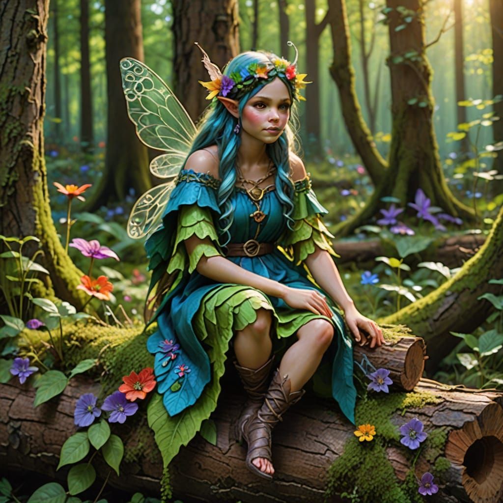 A colourful fairy sits on a log, her dress is made from fibe...