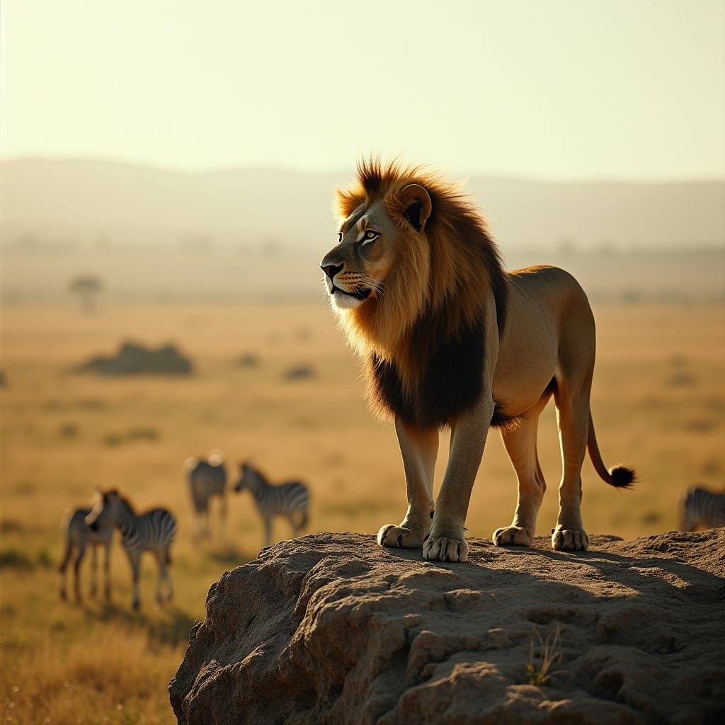 Lion Overlooking African Savanna, Cinematic Film Still