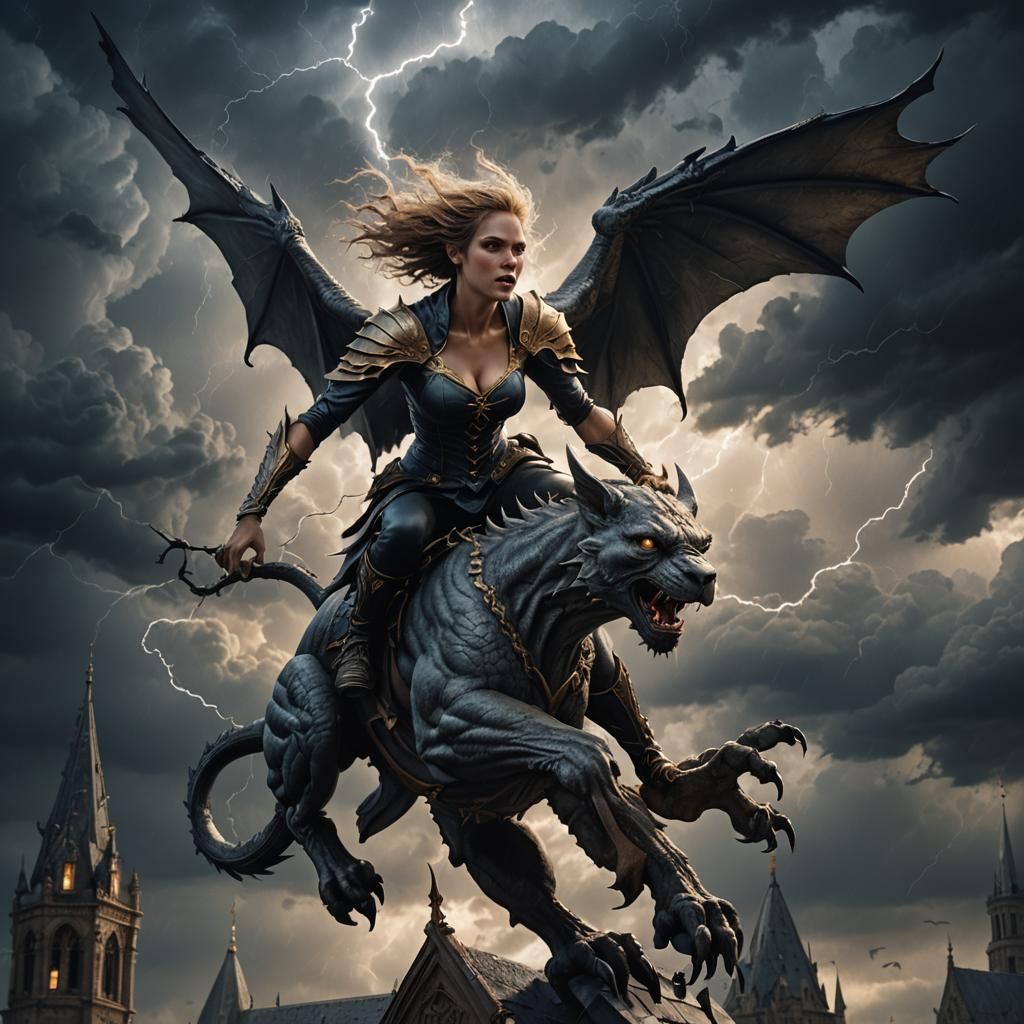 Gothic Woman Riding Gargoyle in Stormy Sky