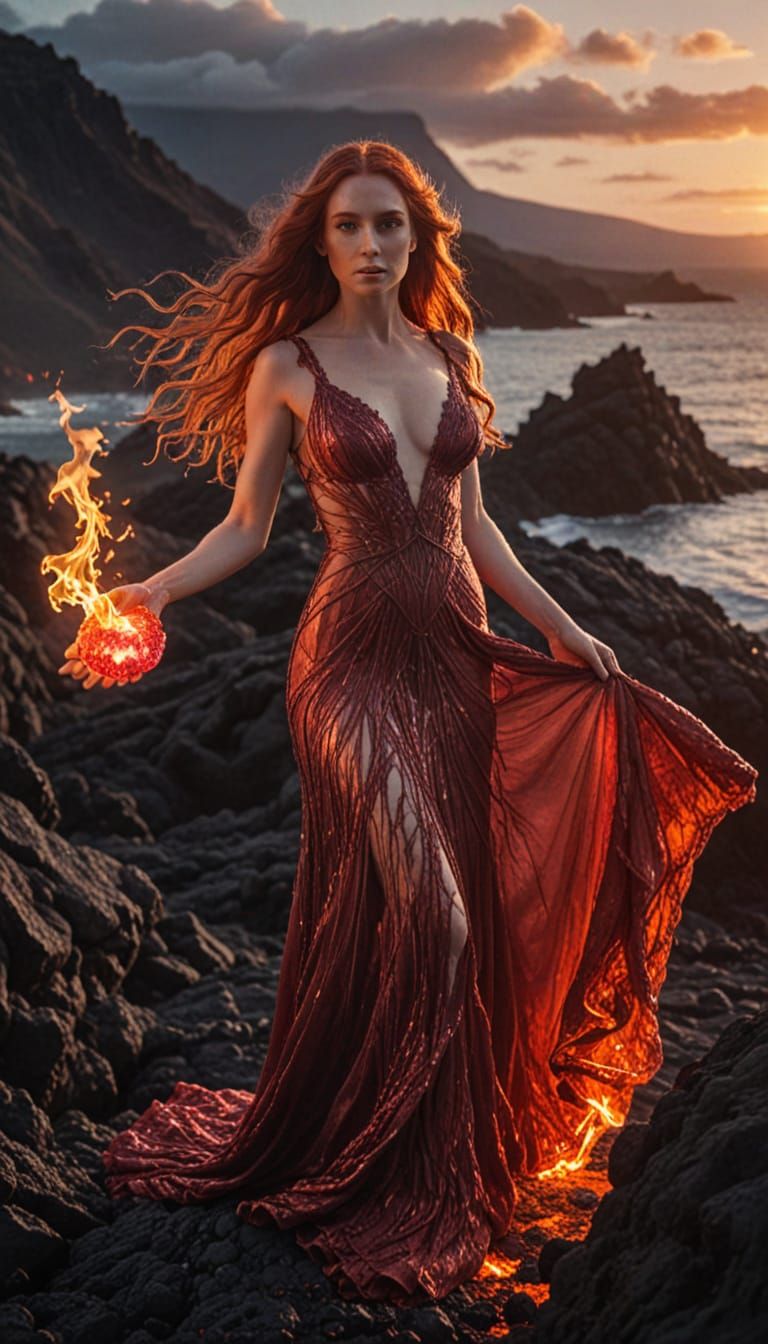 Volcanic Goddess with Ruby in Flowing Fire Gown