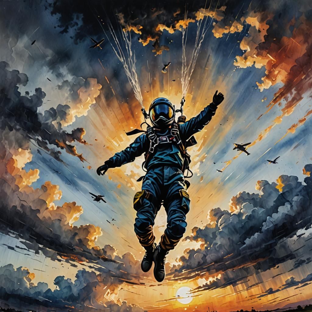 Skydiver in Watercolor Against Cosmic Sunset