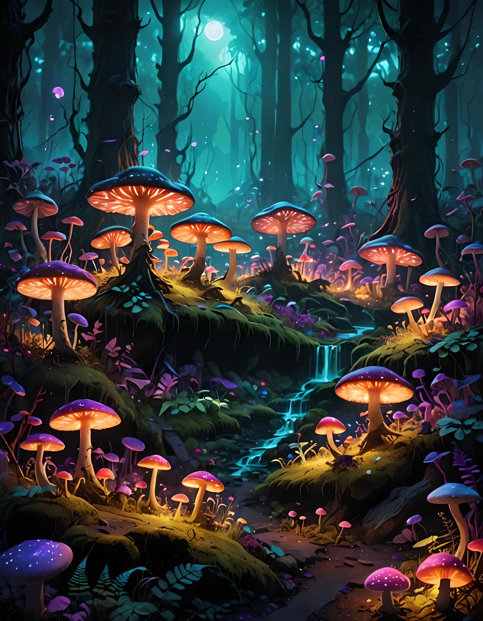 Fluorescent Forest: A Hyperrealistic Dark Fantasy Landscape