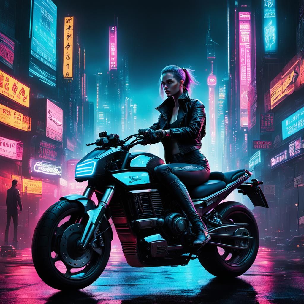 Cyberpunk Courier Rides Through Neon Cityscape