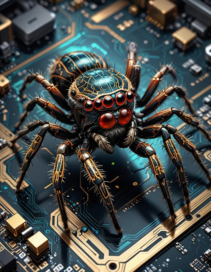 Cyborg Spider Repairs Motherboard in Hyperdetailed 3D Art