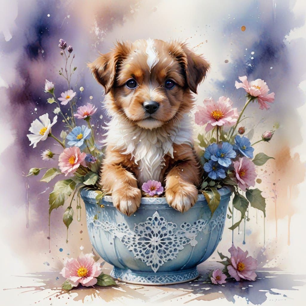 Cute Fluffy Puppy in Flower Pot Watercolor