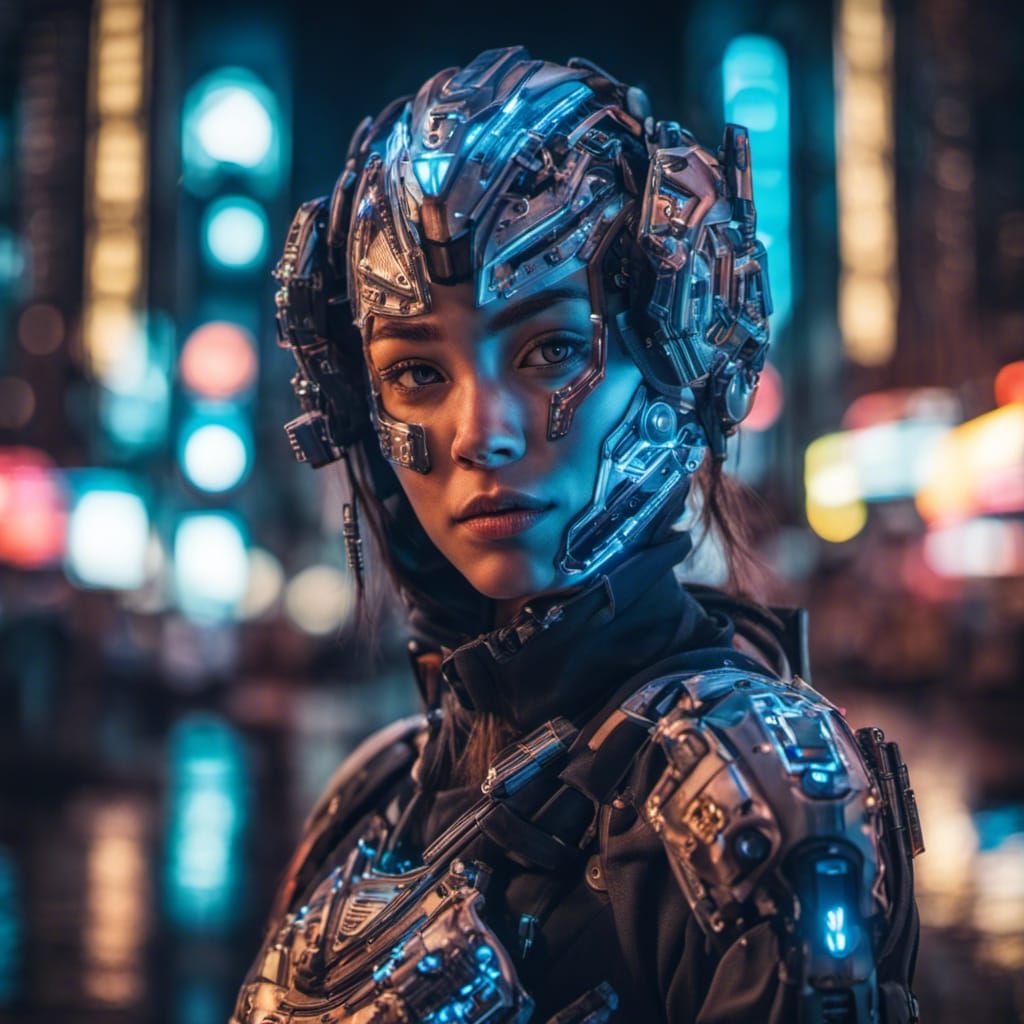 Cyborg Girl Portrait in Neon City, Hyperrealistic Style