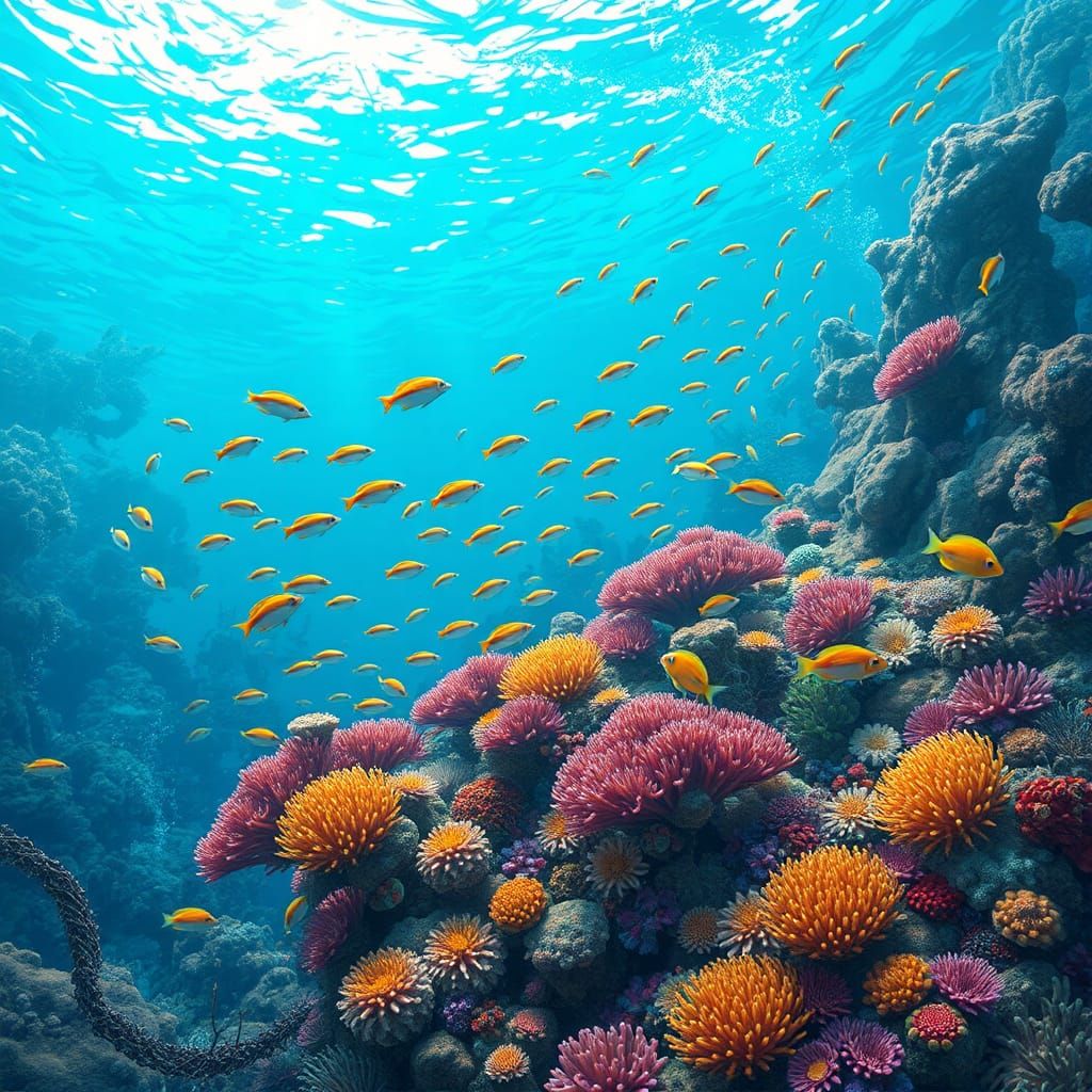 Underwater Landscape with Corals and Tropical Fish