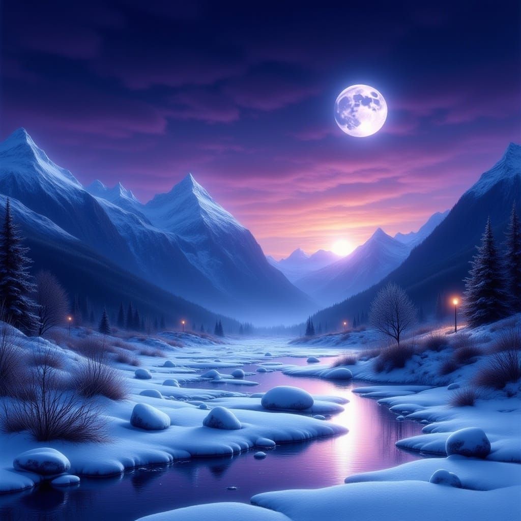 Moonlit Mountain River in Surrealist Landscape Style