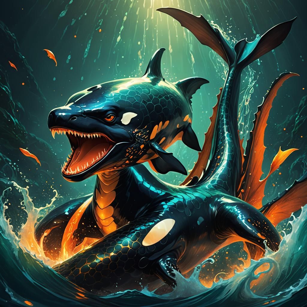 Fantasy Orca Dragon Emerges from Mystical Ocean