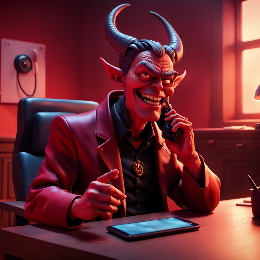 Satan Answering Phone in 3D Digital Art Style