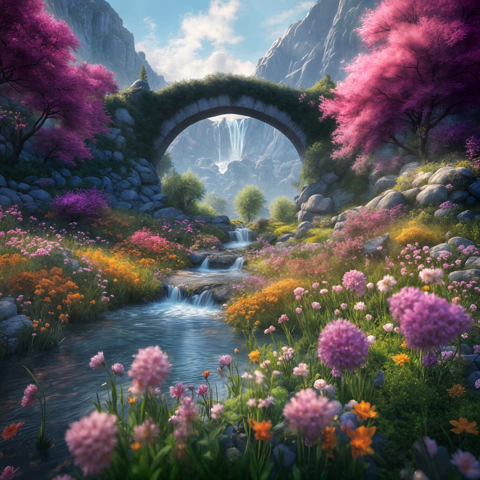 Vibrant Spring Landscape with Majestic Bridge and Rainbow