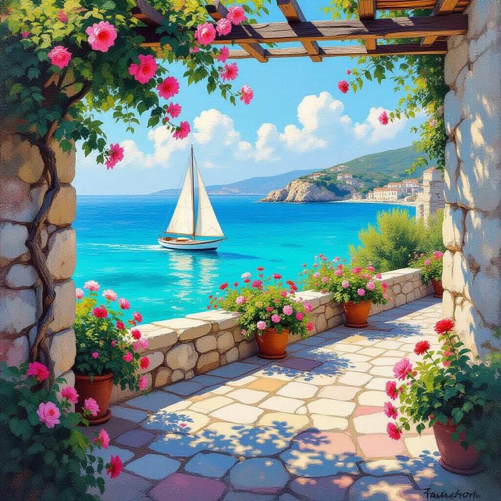 Coastal Terrace with Sailboat in Impressionist Style