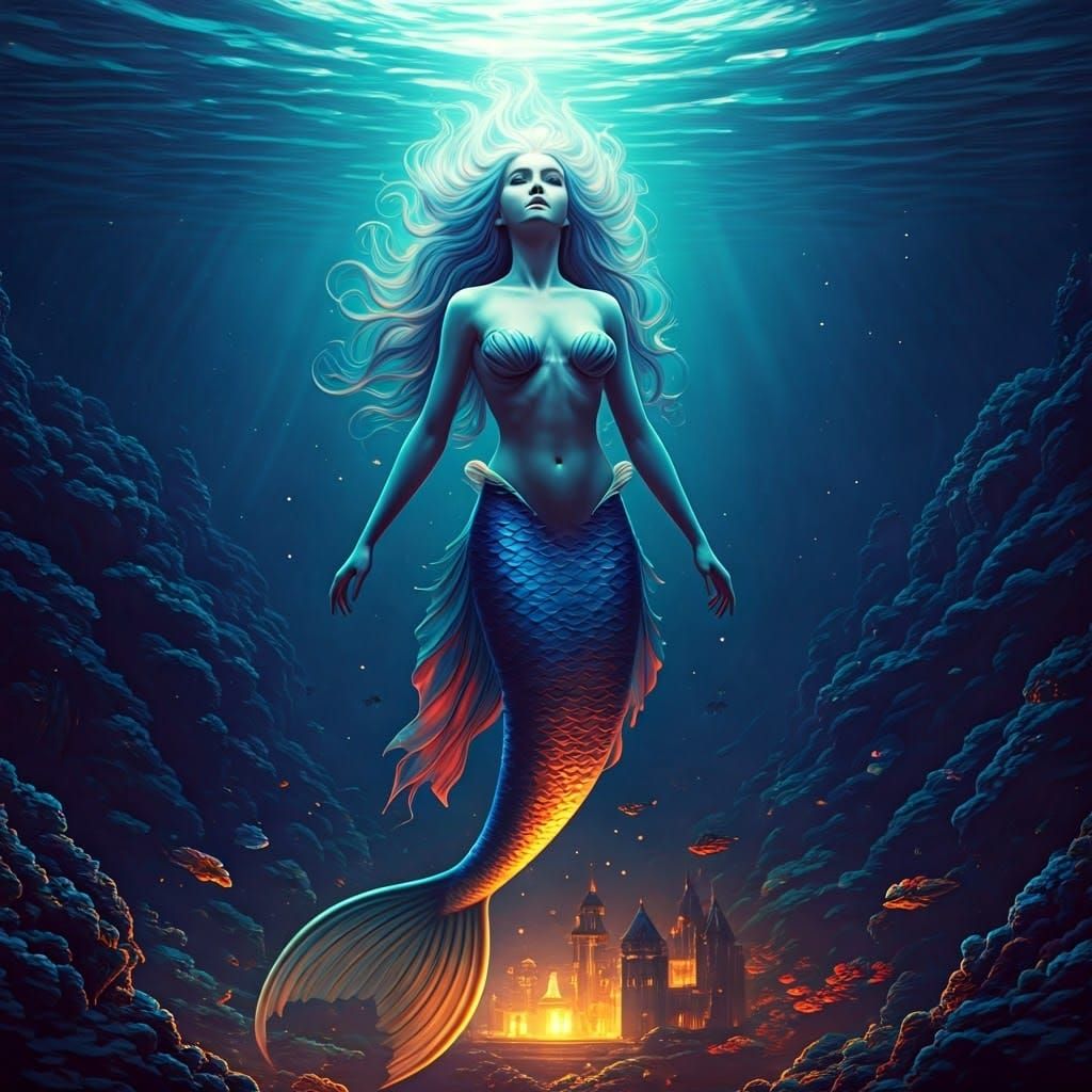 Ethereal Mermaid Glides through Iridescent Ocean with Cosmic...