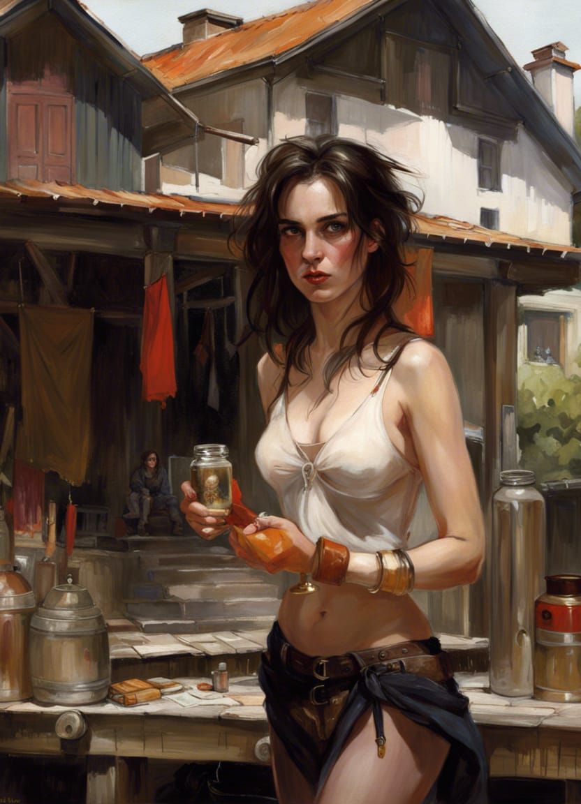 Charismatic Woman on Lake House Patio Illustration