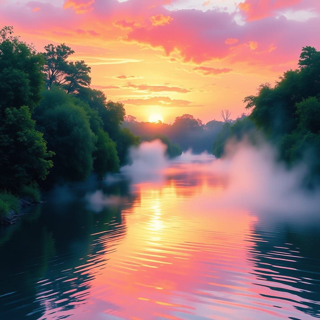 Sunrise River Landscape in Vibrant Impasto Watercolors