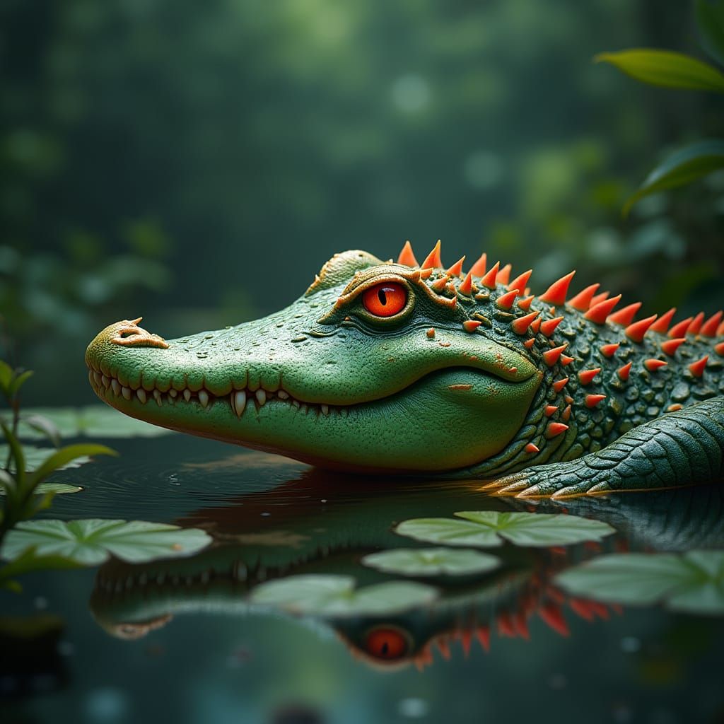 Watermelon Alligator Hybrid in Lush Swamp Concept Art