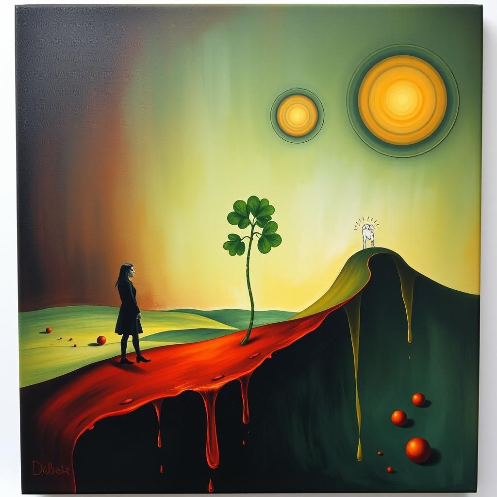 Surrealist Crimson Landscape: Dali-Inspired Oil Painting