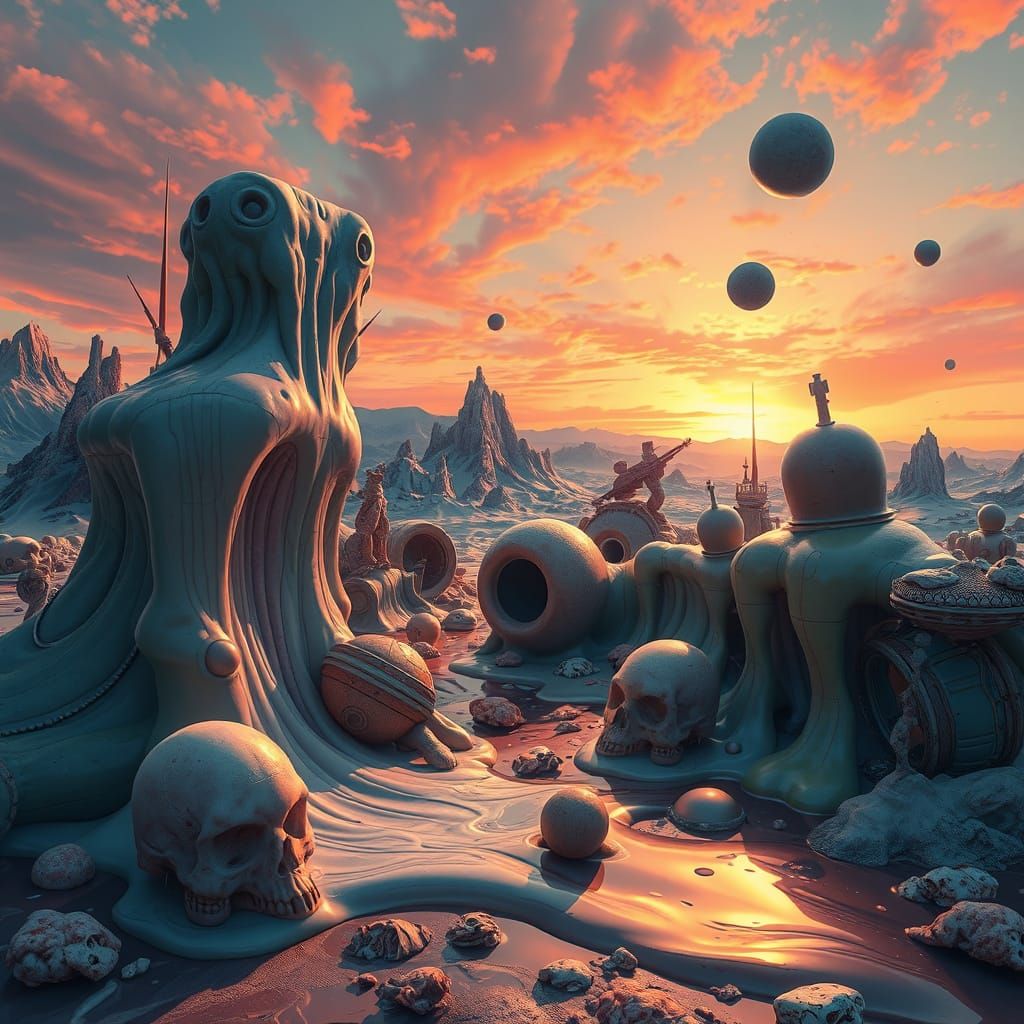 Surreal Melting Objects in a Dreamlike Landscape