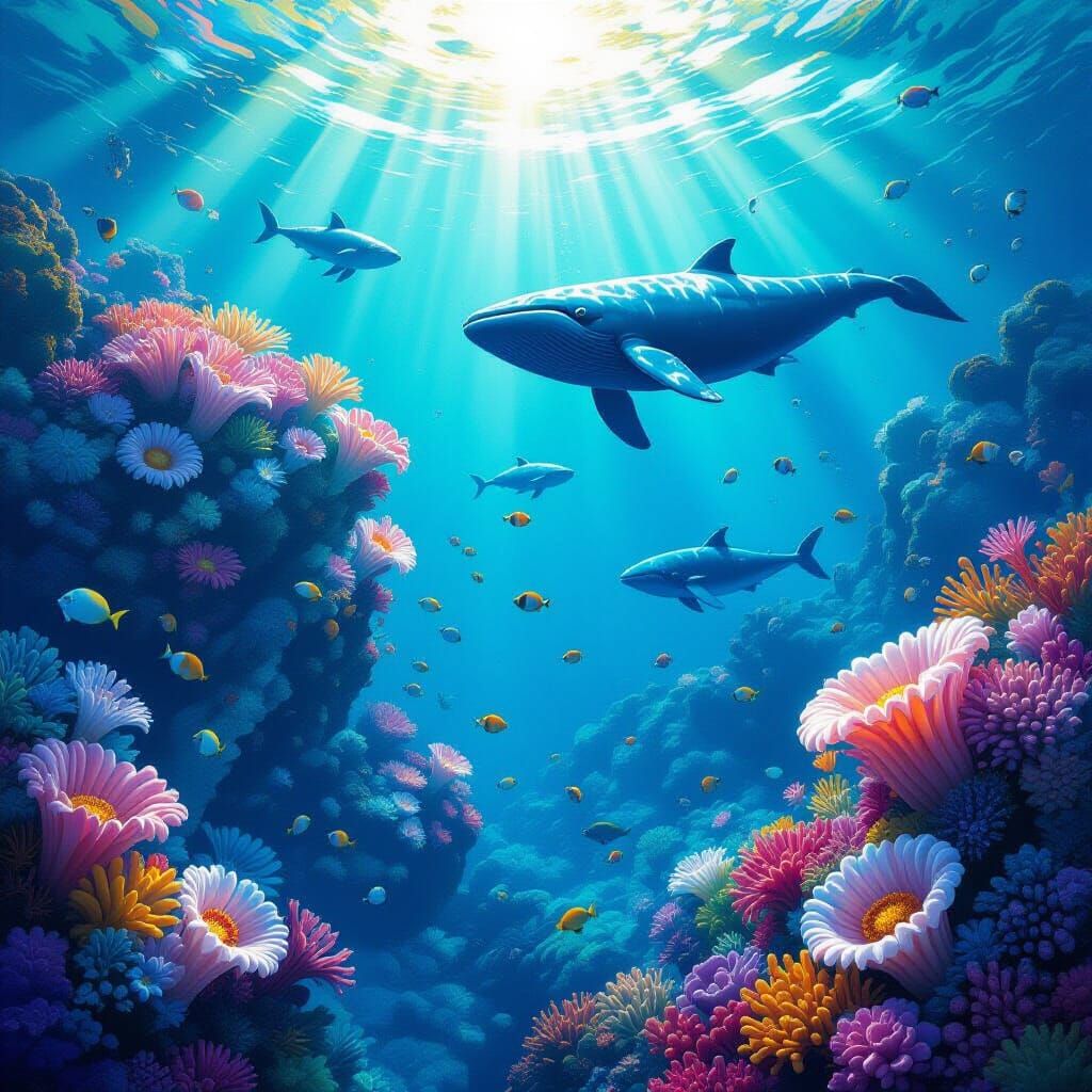 Colossal Coral Reef Ecosystem with Whale-Sized Fish