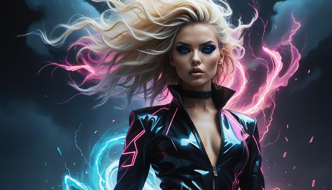 Cyberpunk Dancer in Vivid Neon Makeup and Glittering Diamond...