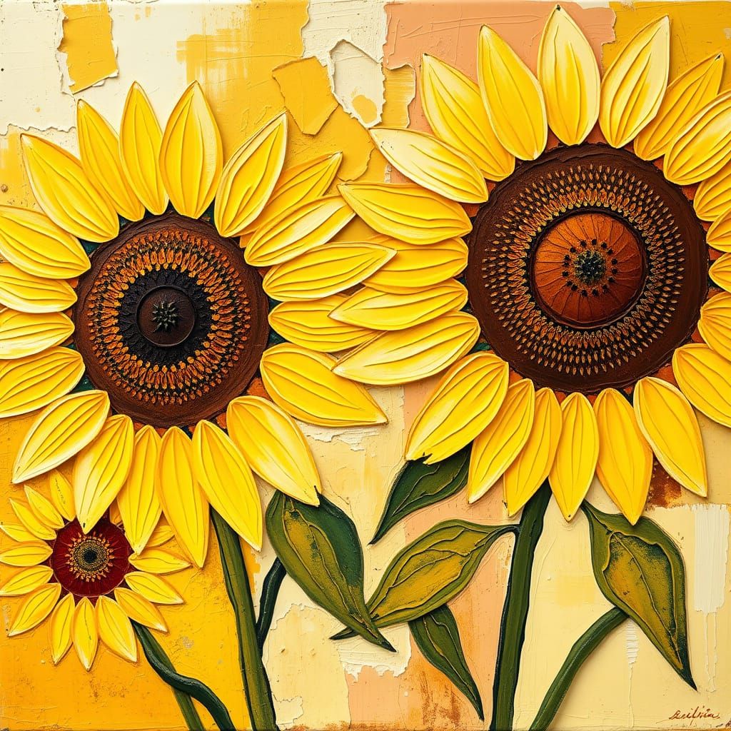 Mondrianesque Sunflower Abstraction in Impasto Style