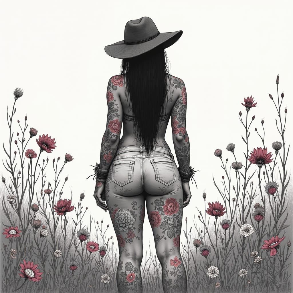 Whimsical Greyscale Portrait of Tattooed Woman