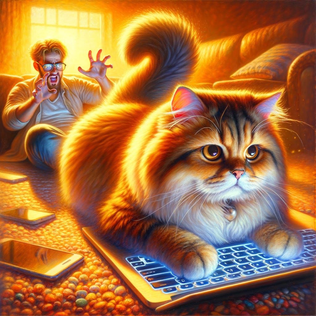 Comical Cat vs. Laptop Struggle in Golden Light